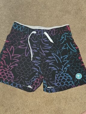 Zyia Black Pineapple Print Swim Trunks with Gradient Teal & Pink
